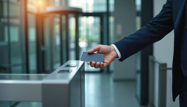 Man in suit uses access card to enter office building through security turnstile. Hand holds blank card near scanner for identification. Modern workplace entry system for staff and visitors.