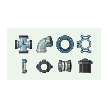 Technical illustration of various industrial metal pipe fittings and joints