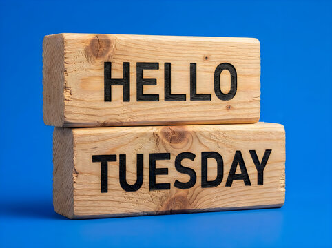 Two wooden blocks with hello tuesday text on blue background 