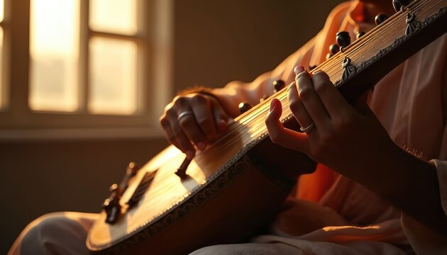 Person plays Indian veena string instrument near window with warm light. Musician makes classical music, fingers strumming strings. Soft shadows add moody atmosphere to shot.