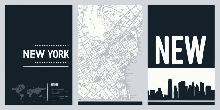 new york city map and skyline posters set