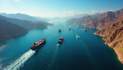 Obraz premium Large cargo ships sail through a narrow sea strait flanked by barren mountains. Vessels navigate deep blue water under a clear sky. Global trade and maritime transport happen here.