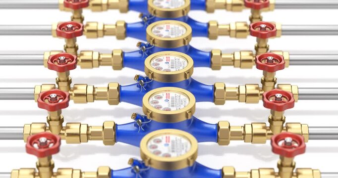 Camera moving along row of water meter - 3D repeatable animation 
