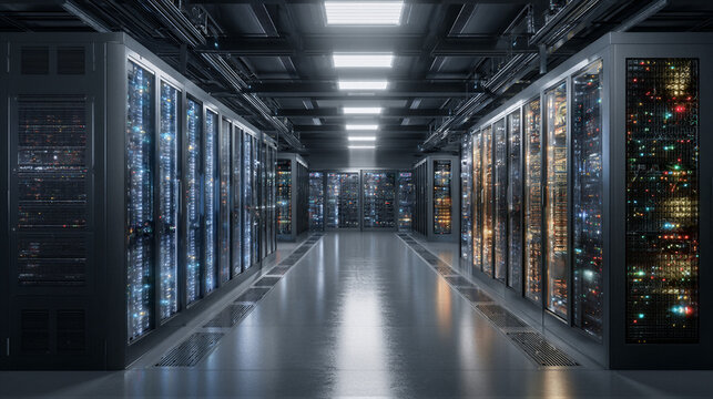Modern data center server room with black racks, blue LEDs, organized cables, volumetric lighting, tech ambiance, copy space for tech website, cloud computing background, 8K Unreal 5 render