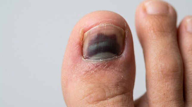 close up of a bruised toenail on a human foot toe with a black and blue discoloration underneath the nail plate