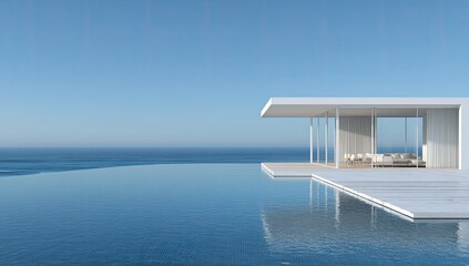 Fototapeta premium Modern white house with pool and sea. Blue water reflects clear sky. Minimalist architecture
