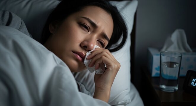 Sad woman crying in bed at night with tissue.