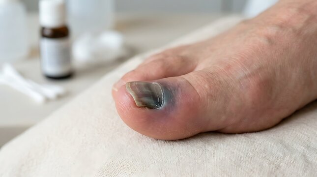 close up of a bruised toenail with a bottle of medicine in the background on a white towel