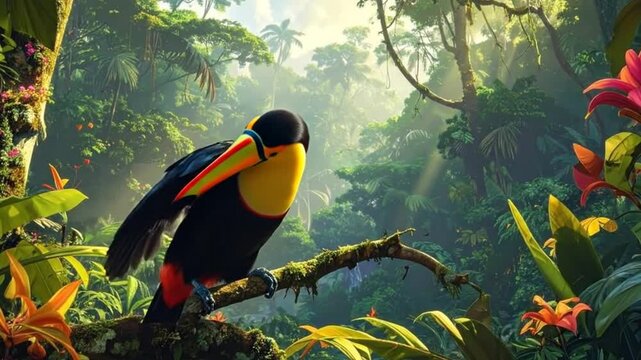 A colorful bird perched on a branch in a lush, vibrant jungle setting