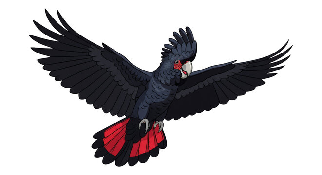 Majestic Red-Tailed Black Cockatoo Flying Illustration, Australian Native Bird with Spread Wings and Vibrant Red Tail Feathers