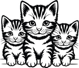 Obraz premium cute, kittens, trio, cartoon, cats, line, art, illustration, adorable, pets, black, white, vector, animal, smiling, whiskers, isolated, design, clipart