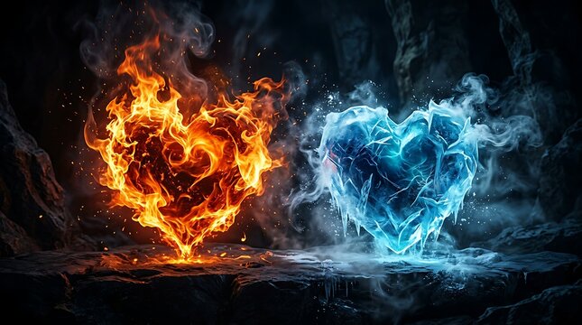 Fire and ice heart symbols contrasting emotions and temperatures heart symbols