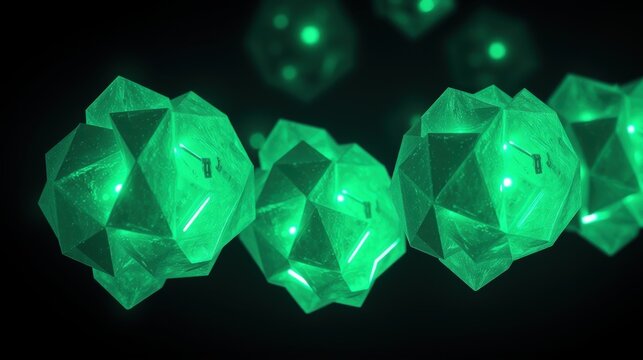 Glowing polyhedral dice, vibrant green hues, dark background. Focus on geometric shapes, light reflections, digital rendering.