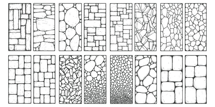 Set of abstract geometric patterns with stone wall textures and organic shapes in black and white