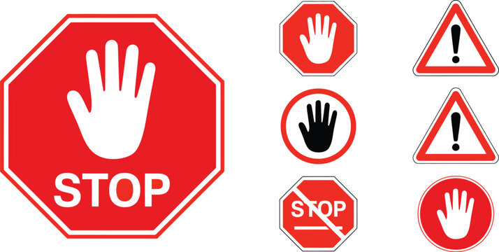 Red stop sign icon set with hand symbol for warning attention prohibition danger alert road safety sign vector illustration