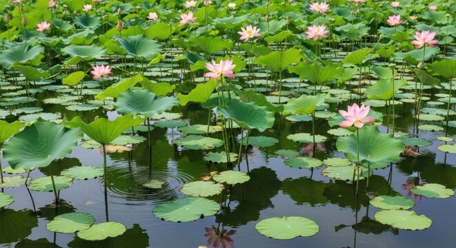 Serene Lotus Pond A Symphony of Green and Pink.