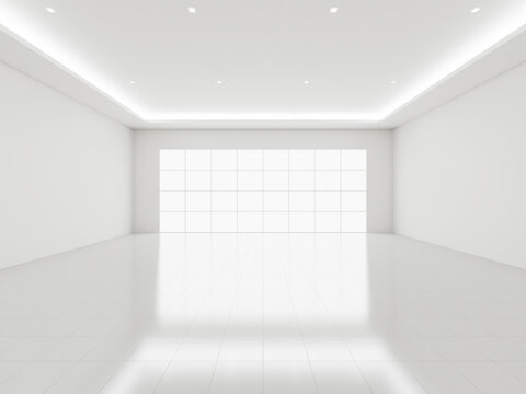 3D rendering of modern room with grid window, minimalist bright style. Space features shiny white ceramic tile floor and subtle hidden strip lighting along ceiling. No people and ample copy space.