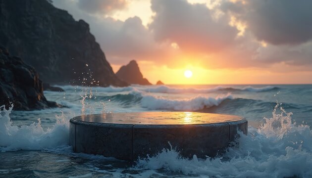 Stone pedestal sits in ocean waves at sunset. Dramatic coastal landscape with crashing sea surf and distant islands. Calm water reflects warm orange light from sky.
