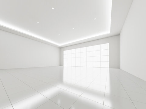 3D rendering of minimalist interior background, low-angle corner view. Clean, modern space with glossy white tile floor with subtle reflections. Hidden ceiling strip lighting and window natural light.