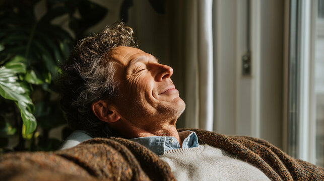 Mature Man Smiling with Eyes Closed Relaxing in Sunlight by Window, Peaceful Senior Male Enjoying Calm Moment, Positive Mental Wellness