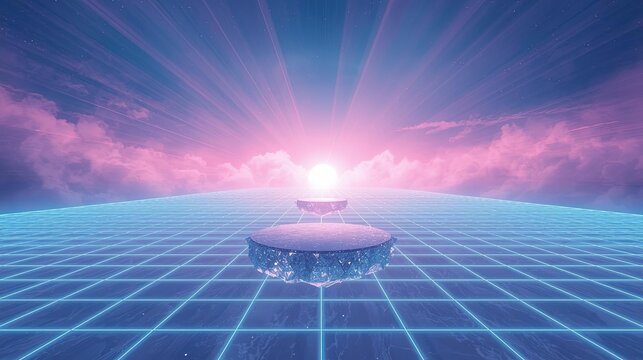 Neon echo vaporwave light aesthetic glowing grid horizon with floating platforms and radiant sunrise over pastel clouds retro future dreamscape