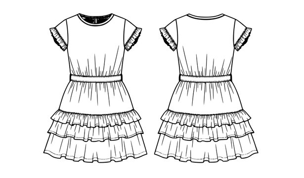 Kids summer dress with ruffles technical flat sketch vector front and back