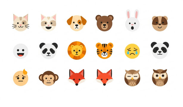Minimal animal emoji icon set with flat vector emoticons and cute expressive faces isolated on white background