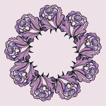 Vector abstract floral circular decorative frame with violet and lilac flowers, pefect for wedding invitation.