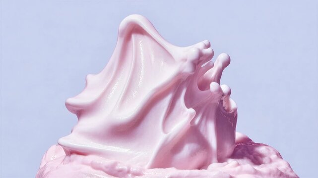 Close-up of swirling pink soft serve ice cream against a soft blue background. Macro view of creamy pink frozen dessert with smooth textures and swirling patterns, perfect for summer themes