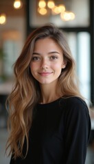 Obraz premium Young woman with long wavy brown hair smiles. She wears a black shirt indoors. Her expression is happy and gentle. She looks attractive and confident.