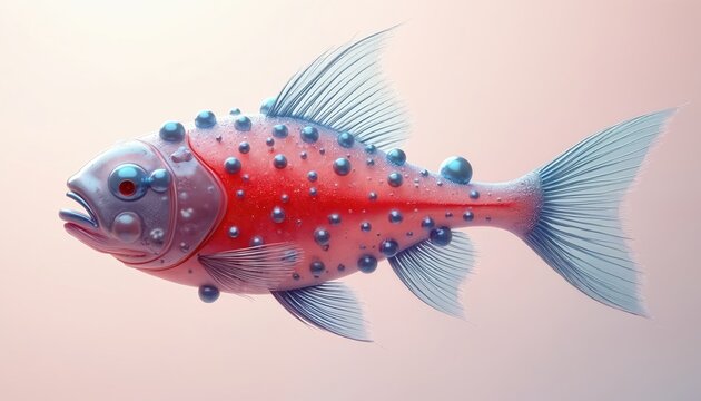 Red and blue fantasy fish swims in clean water. Smooth scaled creature with bubbles and fins. Aquatic animal with glowing eyes. Underwater life and ocean fantasy.