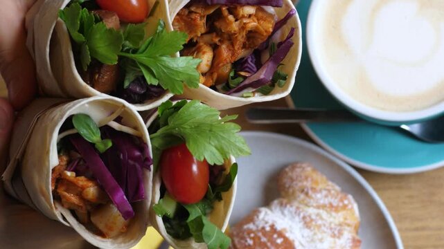 Top down view of a hand holding several delicious homemade chicken wraps filled with fresh vegetables, served with a frothy cappuccino and a sweet croissant for a balanced and tasty breakfast