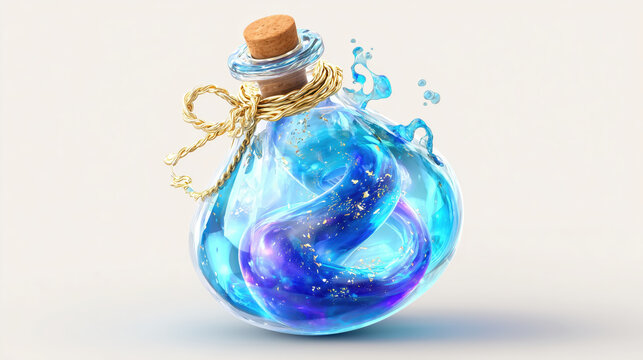 Glass bottle with blue liquid and rope knot, fantasy potion in round flask