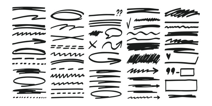 Set of black hand drawn marker strokes lines arrows circles and scribbles for design elements