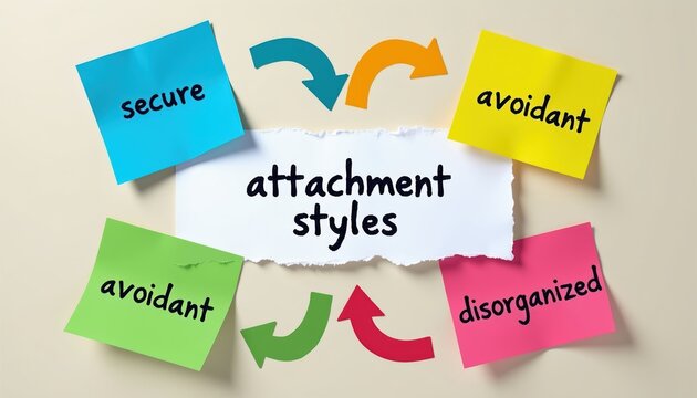 Note cards illustrate attachment styles secure, avoidant, and disorganized. Arrows show connections and transitions between relationship behaviors. Concept for psychology education.