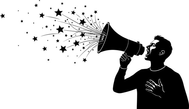 Man shouting through megaphone with exploding stars line art vector