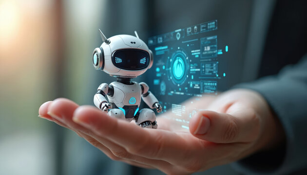 Tiny robot companion displays holographic data on palm. Futuristic android device shows digital interface. AI helper interacts with information for tech business.