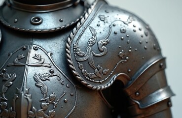 Obraz premium Detailed close-up of ornate medieval knight armor shoulder pauldron. Intricate floral engraving adorns polished steel, showing craftsmanship, strength. Metal surface texture, historical protection,