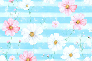 Fototapeta premium soft hand painted cosmos flowers on light blue striped background airy botanical illustration with pastel tones and textured brush strokes elegant floral design for textile wallpaper decor