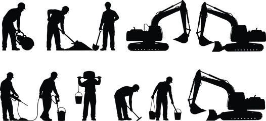 Large collection of black silhouettes featuring construction workers operating heavy machinery excavators and manual tools like shovels jackhammers and saws for building site projects. © MSTARJINAAKTHER