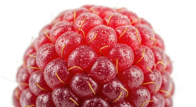 Fresh red raspberry macro close up, ripe organic berry with water droplets, juicy summer fruit texture for healthy food design isolated on White Background