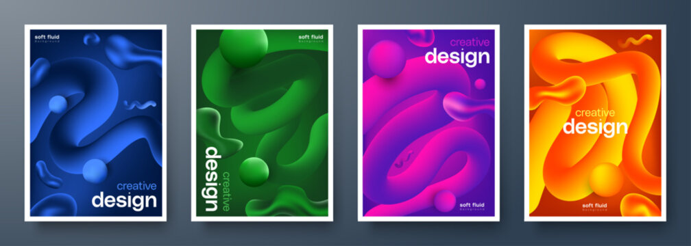 Set of colorful 3D squiggles blend curve lines with fluid gradients. Dynamic abstract splashes for poster, flyer, brochure, banner, wall mate, presentation design template.