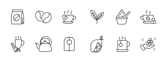 Fototapeta premium Coffee tea beverage set icon. Beans cup leaf cupcake mug kettle bag lemon spice drink hand depict cafe hot refreshment aroma.