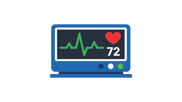 Heart Monitor Vector Icon Illustration: A modern flat design of a bedside medical monitor displaying a green electrocardiogram (ECG/EKG) heart rate wave, red heart symbol, and pulse reading.