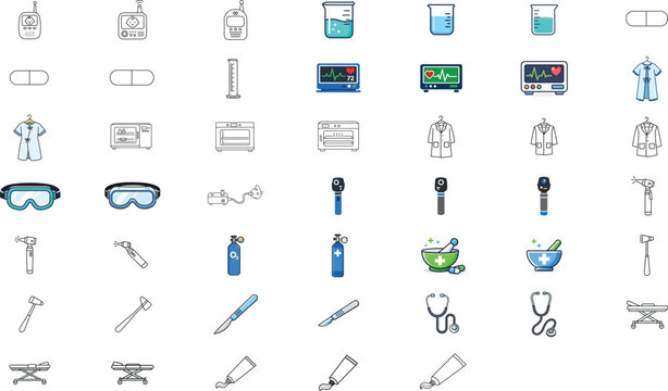 45 Medical and Laboratory Vector Icon Set Bundle. Minimalist Line Art for Healthcare, Science, and Pharmacy. Features Editable Stroke, Adjustable Weight, Stethoscope, Beaker, and Hospital Equipment.
