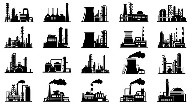 Factory, power plant industrial icons. Factory, power plant, oil refinery and oil processing plant industrial icon. JPEG version.