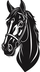 A black and white illustration of a horse's head