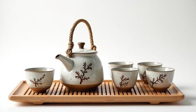 Traditional Japanese tea set with ceramic teapot and four cups on a wooden tray. Gentle brown branch motif adorns each piece. Perfect for tea ceremonies and culinary content.