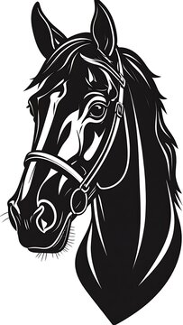 A black and white illustration of a horse's head