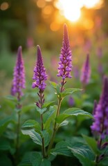 Fototapeta premium Leonurus cardiaca with purple flowers grows in summer garden. Green leaves and blossom stalks create a natural scene. Soft sunlight glows in background.